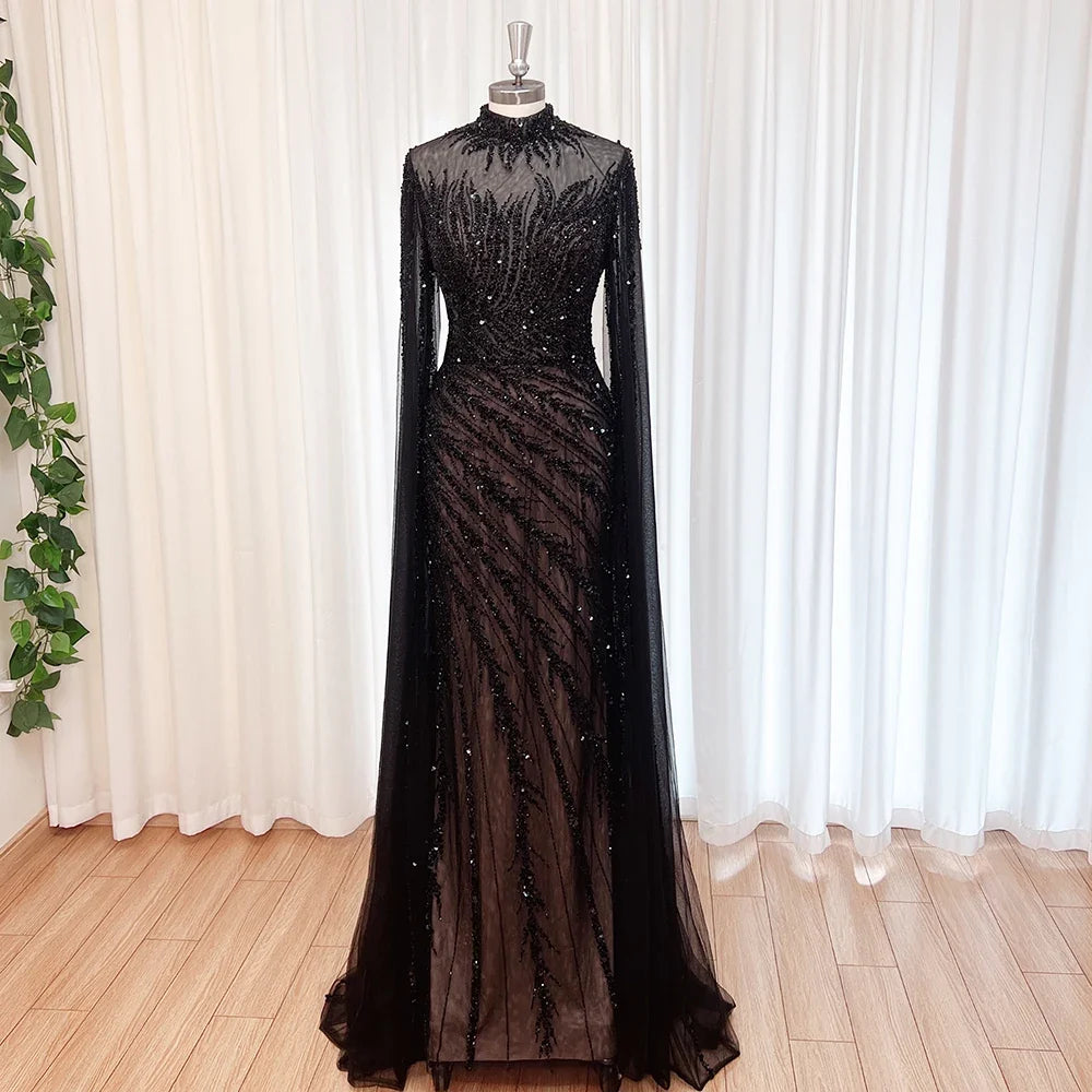Luxury Beaded Evening Dress Cape Sleeve Dubai Sheer Neck Mermaid Formal Prom Wedding Party Gown Customized 2026