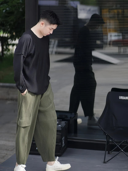 Pleated Man Loose Cargo Pants Nine-point Pants Fashion Casual Streetwear Miyake Pants