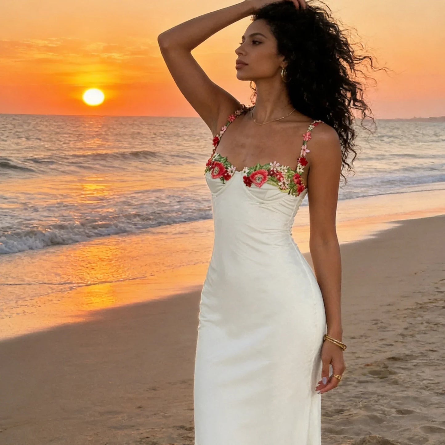 Satin Sling Bodycon Long Dress Women Flower Embroidery Sleeveless Spaghetti Strap Cocktail Dress Summer Party Club Skinny Dress