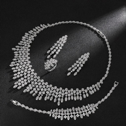 Four-piece Dubai cubic zirconia tassel pendant large chunky wedding bridal necklace luxury jewelry set for bridal party