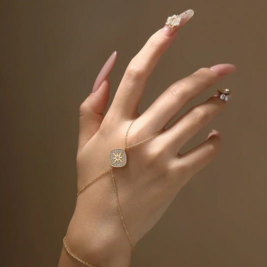 Bracelet et bague de main vintage pour femmes en argent s925 plaqué or 18 carats avec breloques en moissanite, cadeau de Noël pour les fêtes
