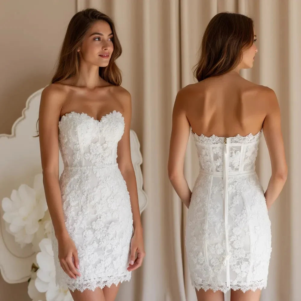 Mini Wedding Dresses for Bride Lace Sweetheart Applique Above-Knee Short After Party Gown vestido de novia corto Customized