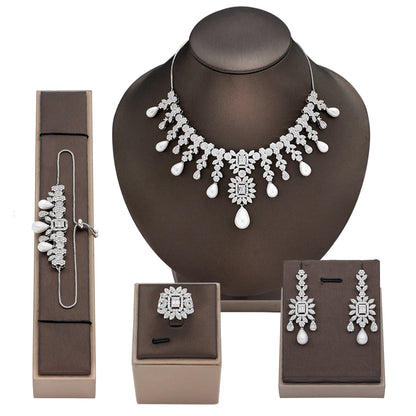 Elegant Pearls CZ Zirconia Bridal Jewelry Set For Women 4PCS Adjustale Chain 2024 Bride Wedding Party Jewellery