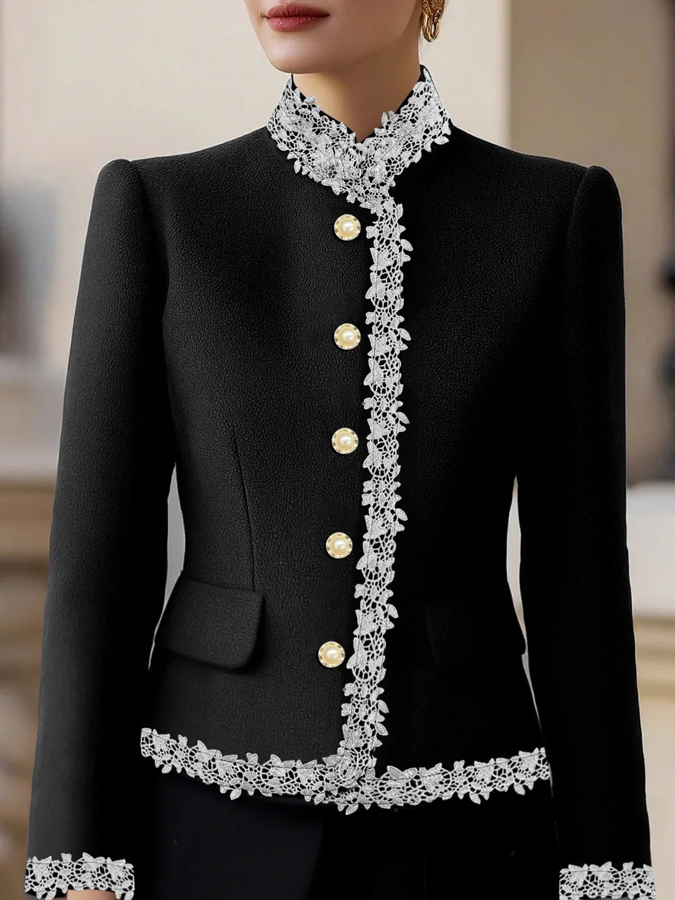 New Autumn/Winter Collection: Stylish and Elegant Women's Blazer Featuring Pearl Buttons and Contrasting Lace Trim
