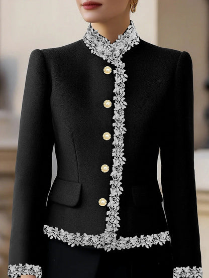 New Autumn/Winter Collection: Stylish and Elegant Women's Blazer Featuring Pearl Buttons and Contrasting Lace Trim