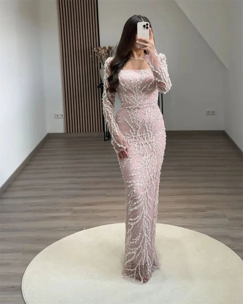 Dubai Beading Pearls Wedding Dress Square Collar Long Sleeves vestidos de noche Rear Forks فساتين سهرة Customized 2025