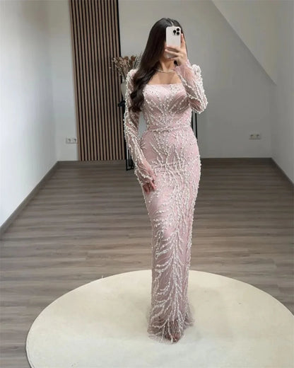 Dubai Beading Pearls Wedding Dress Square Collar Long Sleeves vestidos de noche Rear Forks فساتين سهرة Customized 2025