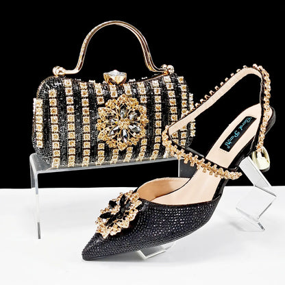 2024 Party Perfection: Rhinestone-Embellished Heels and Gold Mini Bag for Elegant Nights