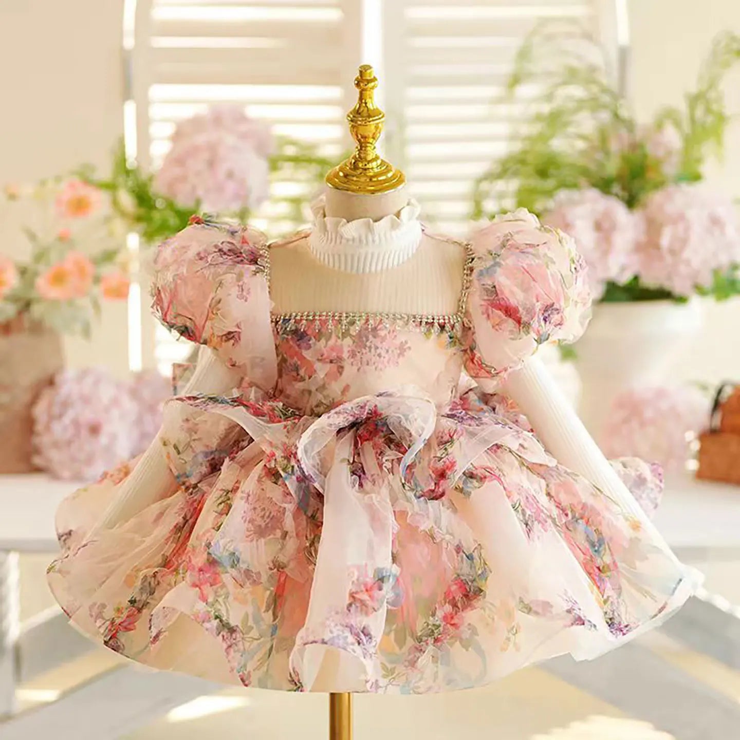 J410 Lovely Floral Pink Girl Dress Puff Sleeves for Kids Princess Holiday Birthday Party Ball Gown