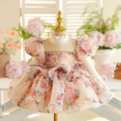 J410 Lovely Floral Pink Girl Dress Puff Sleeves for Kids Princess Holiday Birthday Party Ball Gown