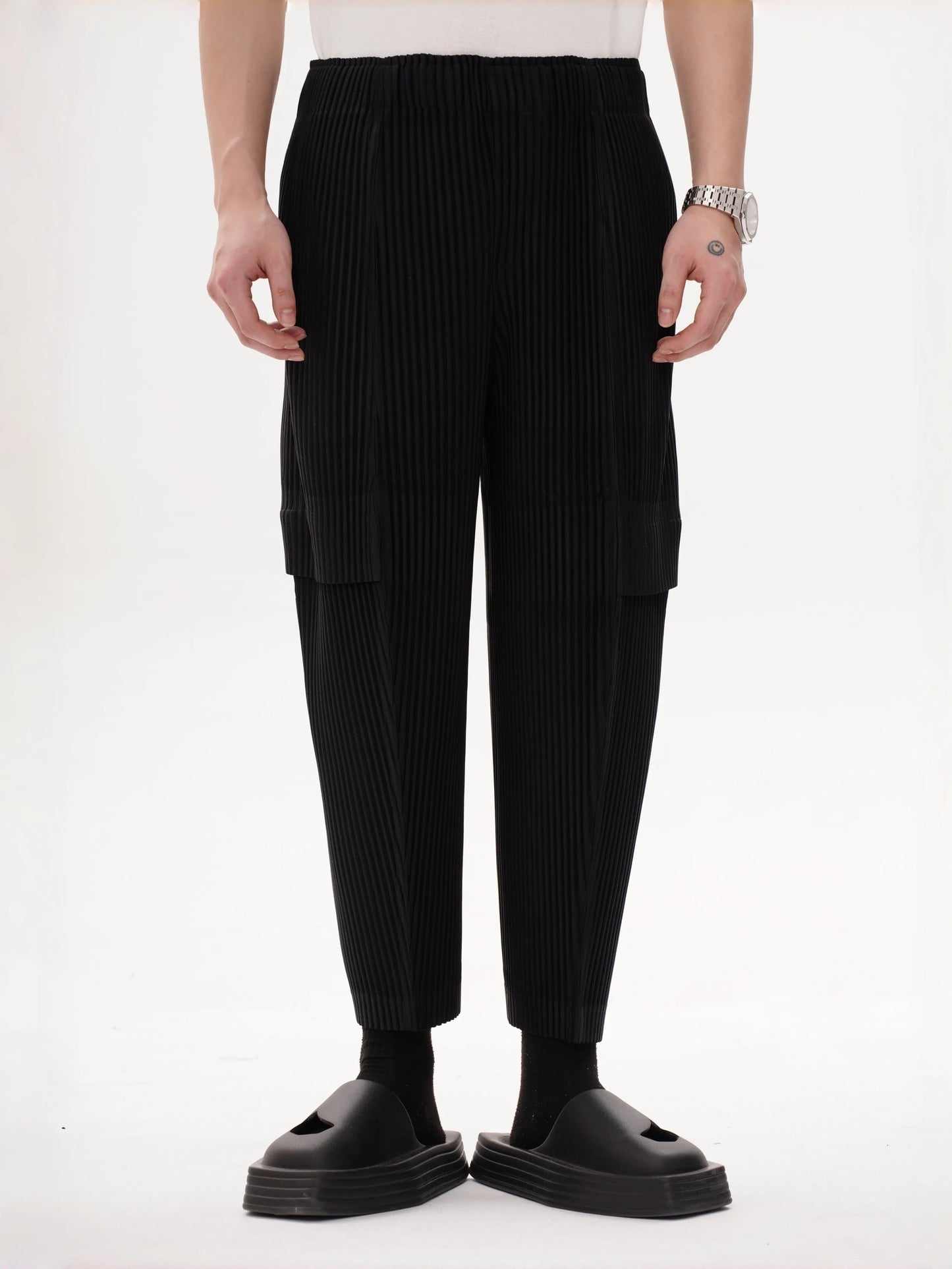 Pleated Cargo Pants Men Loose Fit Nine-Point Trousers Fashion Casual Streetwear Hip Hop Pants