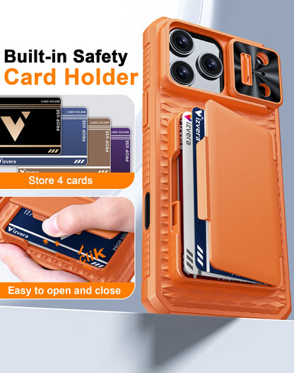 With Card Holder Sliding Camera Cover And Stand For iPhone 17 Pro/17 Pro Max Phone Case, Anti-Fall PC+TPU Wallet Case-Orange