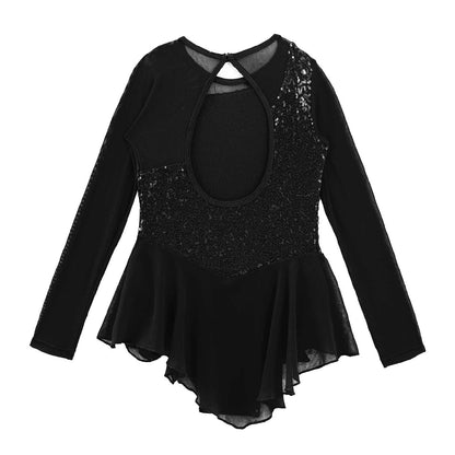 Girls Figure Ice Skating Dress Sparkly Sequin Gymnastics Dance Ballet Tutu Leotard Kids Long Sleeve Mesh Splice Dance Costume