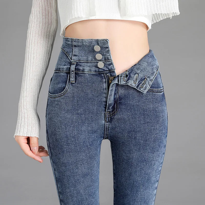 High-quality New Vintage High-waist Stretch Skinny Jeans, Women's Fashion Stretch Button Pencil Pants, Mom Casual Jeans Pants