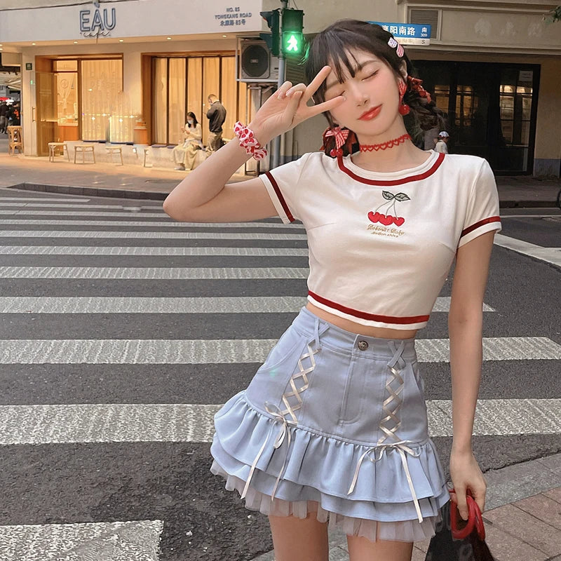 Japanese Kawaii Mini Skirt Women Summer Casual Designer Elegant Lolita Sexy Skirt High Waist Lace Bandage Y2k Sweet Skirt 2024