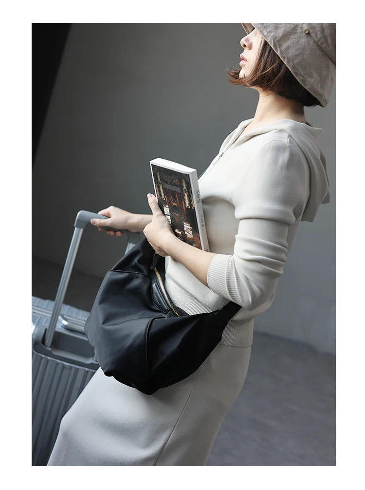 Lightweight Nylon Matching Genuine Leather Crossbody Bag High Quality Single Shoulder Bags Fashion Pleated Messenger Purses