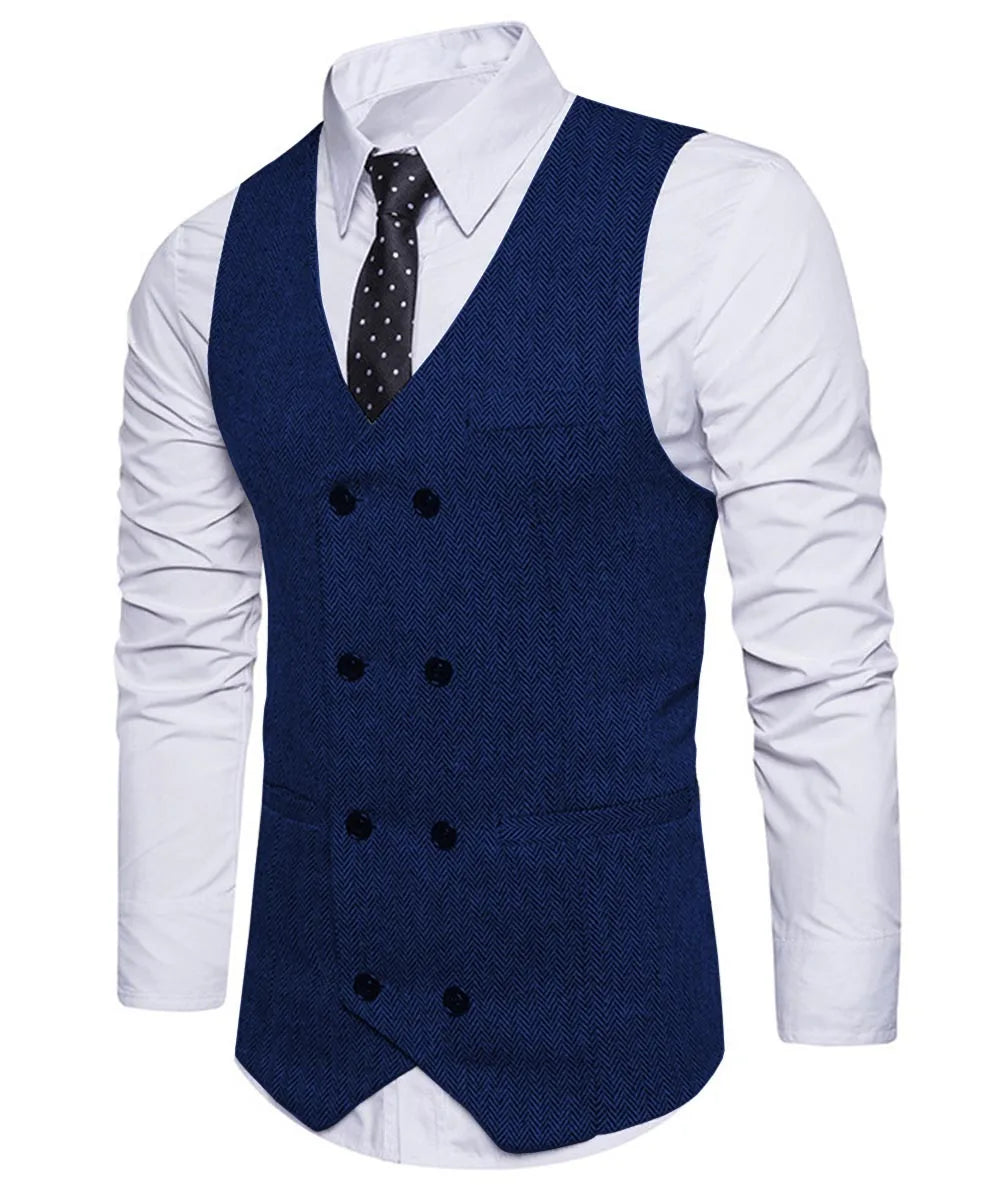 2022 New Men's Royal Blue Double-breasted Vest Suit Vest Casual Top Quality Herringbone Pattern Waistcoat For Wedding