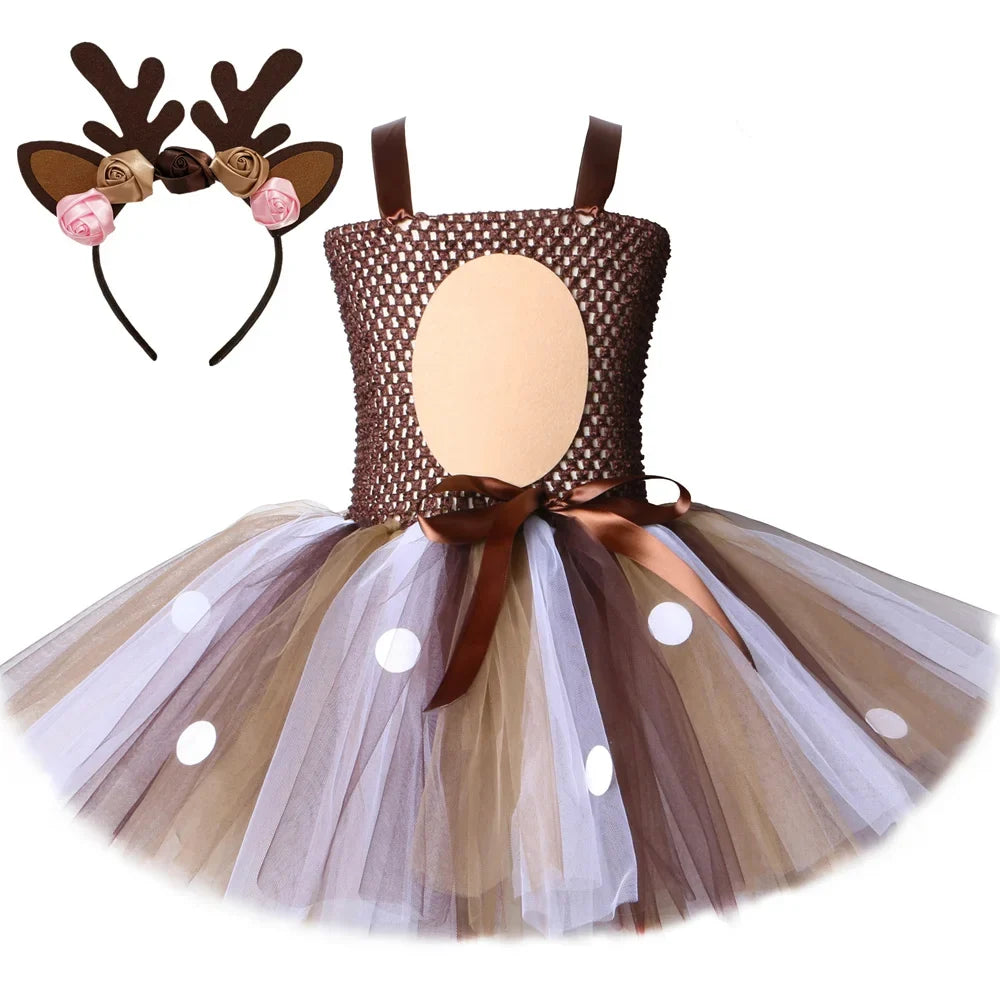 Deer Costume for Girls Halloween Christmas Tutu Dress Reindeer Elk Cosplay Fancy Dress Up Kids Girl Birthday Party Clothes 1-12Y
