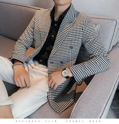British Style Slim Fit Houndstooth Blazer For Men 2023 Fashion Double Breasted Business Office Wedding Dress Suit Jacket