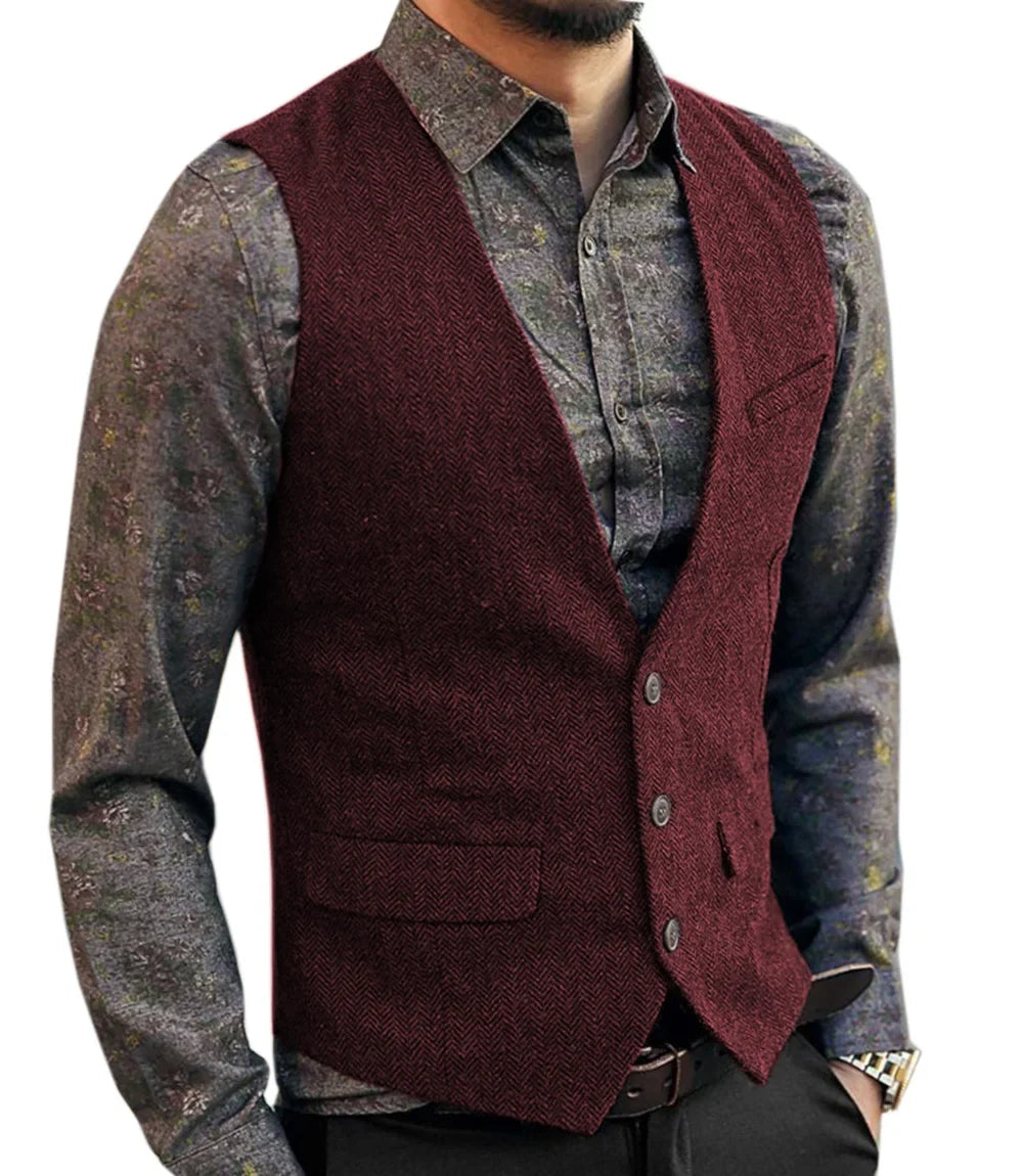 Men's V-Neck Suit Vests Fashion Formal Slim Fit Business Herringbone Dress Waistcoat for Tuxedo Wedding Party