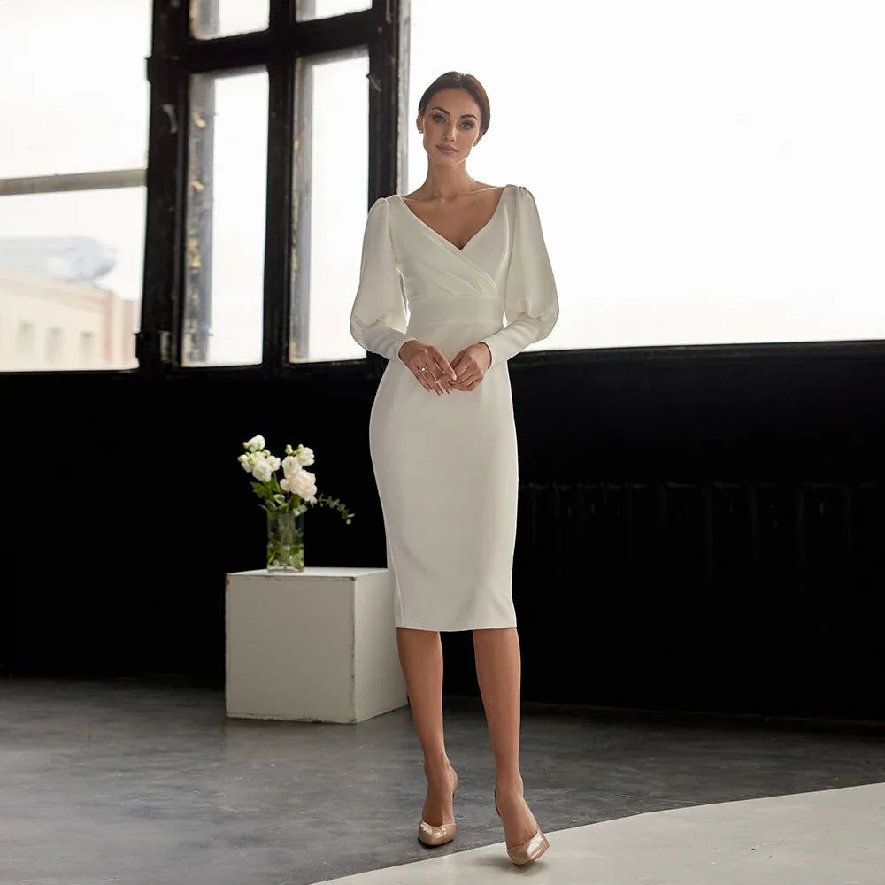 Civil Short Wedding Dress For Woman Long Sleeves Knee Length V Neck Ivory Bridal Gown Elegant Engagement Party Свадебное платье