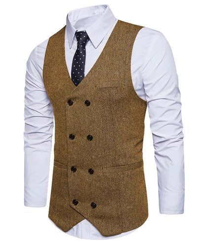 2022 New Men's Royal Blue Double-breasted Vest Suit Vest Casual Top Quality Herringbone Pattern Waistcoat For Wedding