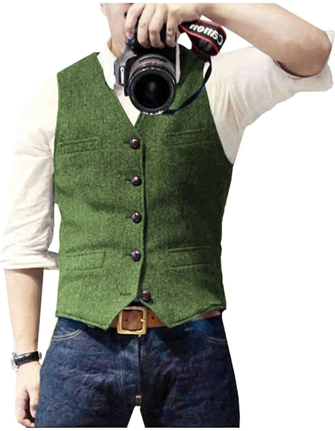 Men's Casual Classic Suit Vest V Neck Herringbone Tweed Slim Fit Business Waistcoat For Wedding