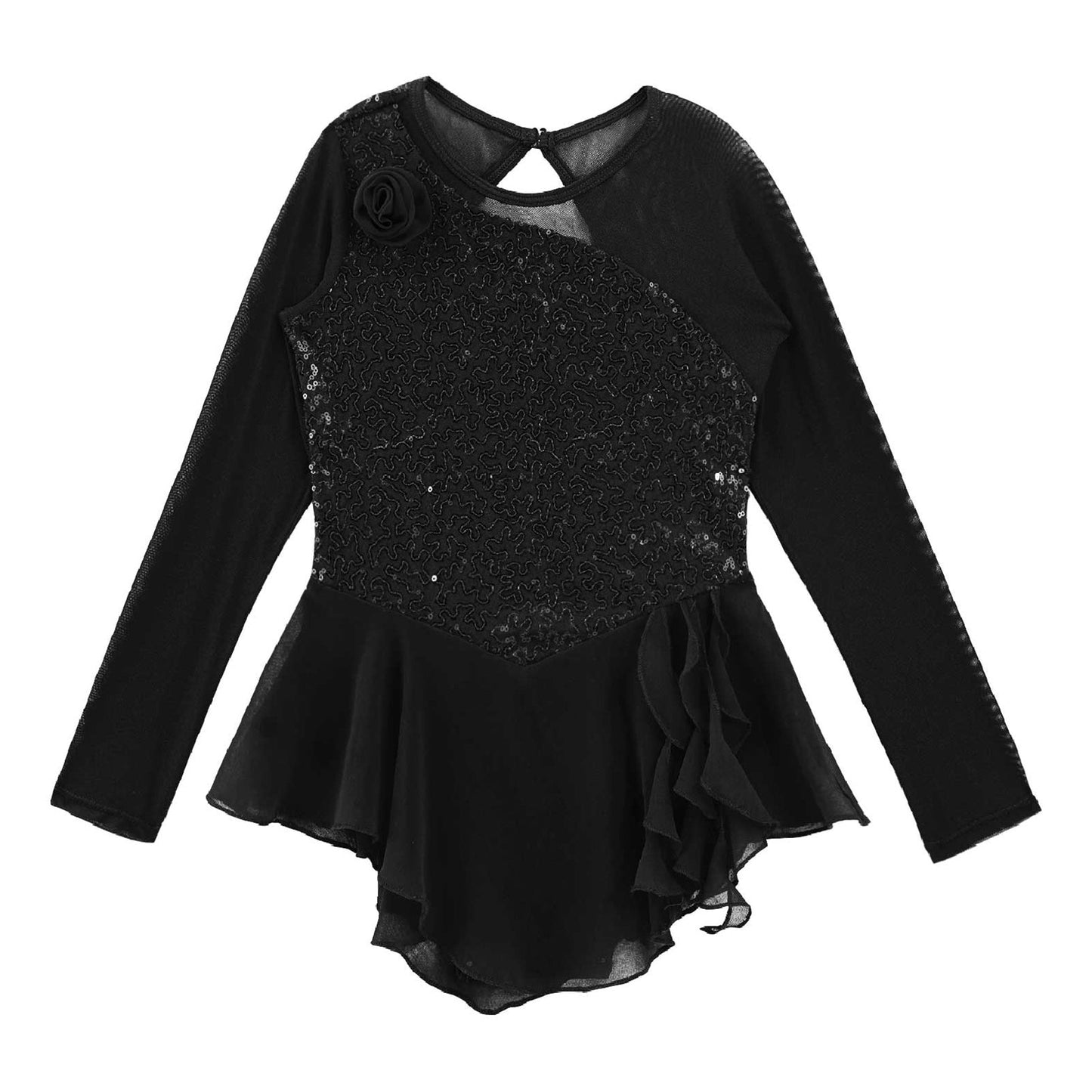 Girls Figure Ice Skating Dress Sparkly Sequin Gymnastics Dance Ballet Tutu Leotard Kids Long Sleeve Mesh Splice Dance Costume