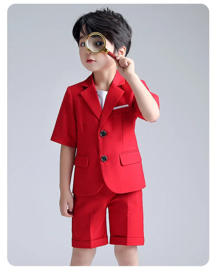Boys Summer Blazer Jacket +Shorts 2PCS Clothing Set School Kids Wedding Tuxedo Dress Children Chorus Performance Dress Costume