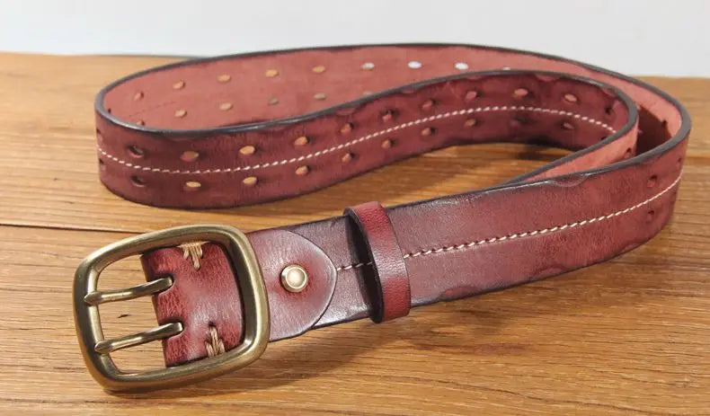 Vintage Men's 3.8cm Wide Double Breasted Belt 100% Cowhide Double Prong Buckle Handmade Heavy Duty Belt Fashion Jeans Belt Brown