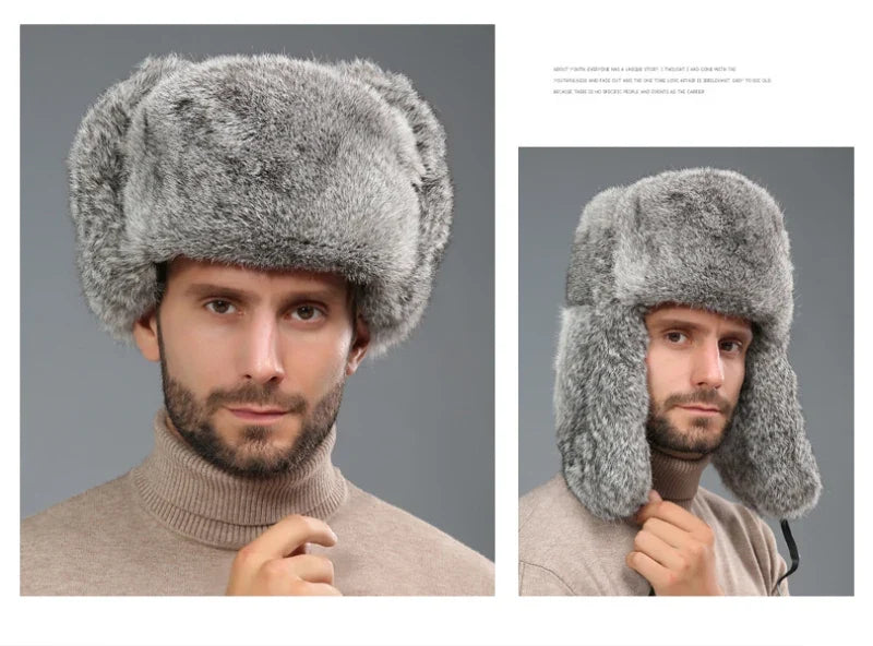 Thick Warm Trapper Hat Men Real Rabbit Fur Earflap Russian Cap Male Plus Size Winter Hats for Men Ski Russian Hat