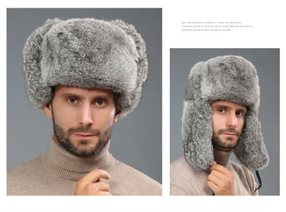 Thick Warm Trapper Hat Men Real Rabbit Fur Earflap Russian Cap Male Plus Size Winter Hats for Men Ski Russian Hat