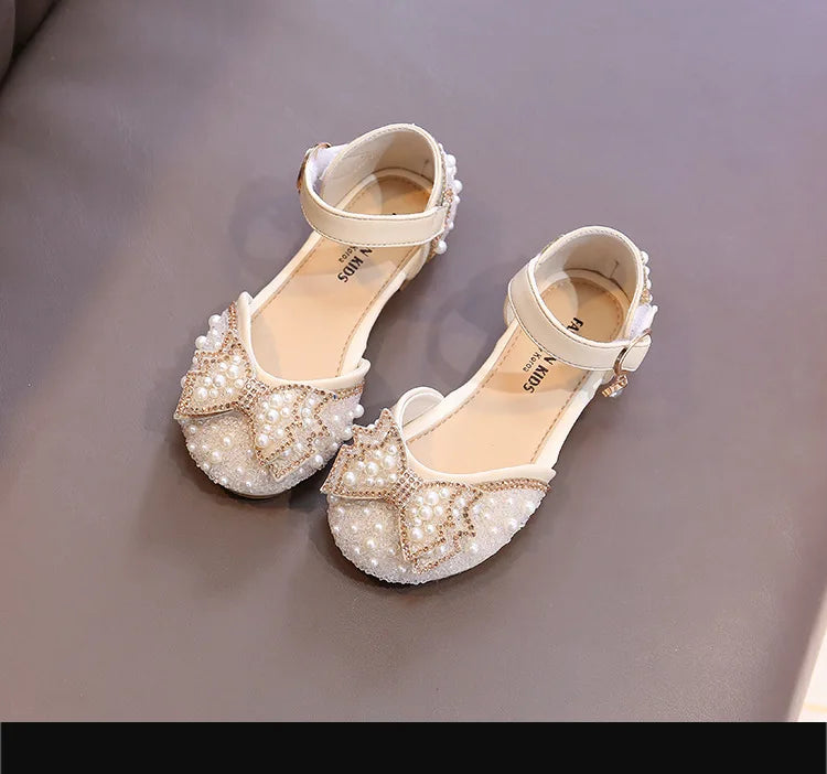 Girls Party Shoes Elegant Rhinestone Fashion Children's Leather Shoes Versatile Sweet Kids Princess Wedding Dress Flats Sandals