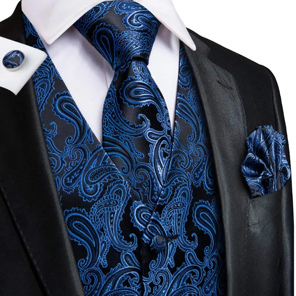 Fashion Silk Vest For Men Classic Gold Champane Yellow Waistcoat Jacket Tie Hankerchief Cufflinks Sets Dress Suit Wedding Hi-Tie