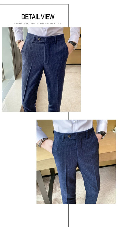 Boutique Classic Plaid and Striped Fashion Men's Casual Business Slim Suit Pants Groom Wedding Dress Trousers Party