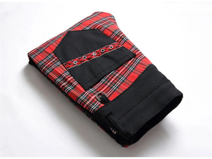 Men Punk Jeans Trendy Scotland Plaid Tartan Black Denim Pants Streetwear Rivet Patchwork Spliced Slim Straight Trousers