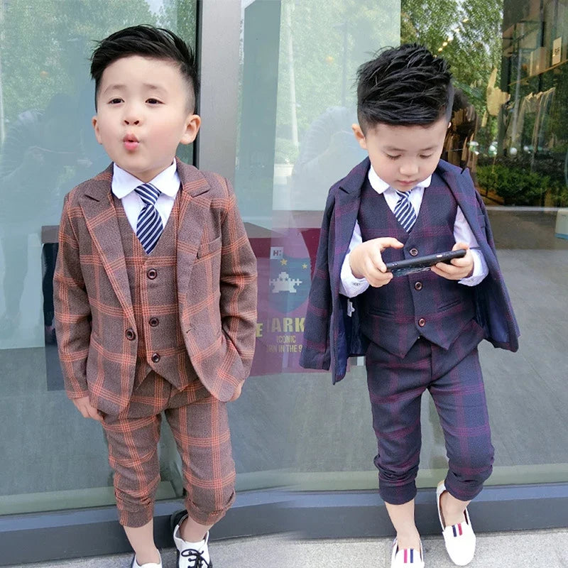 5Pcs Kids Boys Gentleman Suit Plaid Formal Attire Jacket Coat+Pants+T-Shirt+Vest+Tie Outfit Birthday Party Clothes