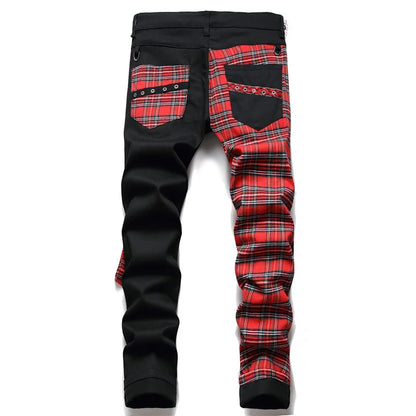 Men Punk Jeans Trendy Scotland Plaid Tartan Black Denim Pants Streetwear Rivet Patchwork Spliced Slim Straight Trousers