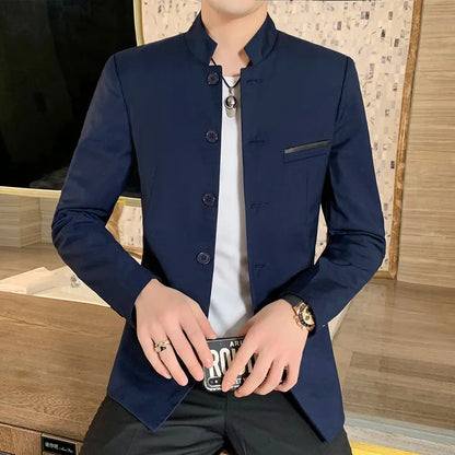 2026 New Men's Black Blazers Coat, Masculino Single Breasted Stand Up Collar Men Long-Sleeved Terno Jacket, Blue Red Overcoat