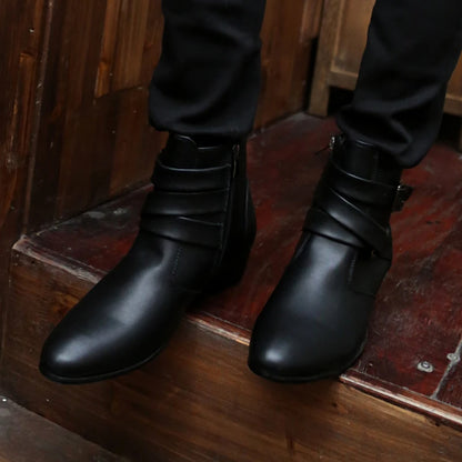 Fashion Men Spring Autumn Pointed Toe Height Increase Chelsea Ankle Boots Western High Top Casual Shoe PU Leather