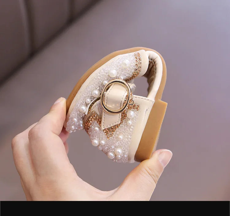 Girls Party Shoes Elegant Rhinestone Fashion Children's Leather Shoes Versatile Sweet Kids Princess Wedding Dress Flats Sandals