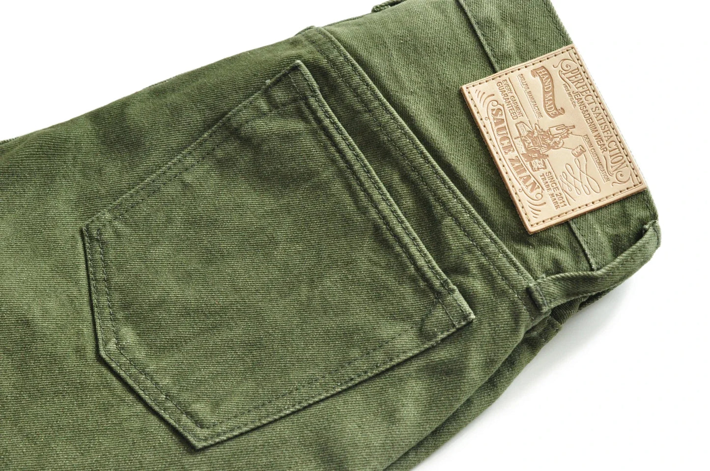 Men Jeans Vulcanization Olive Green 107 Selvedge Denim Jeans Men Washed Slim Fit 14 Oz Zipper Fly