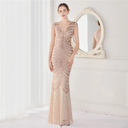 Elegant V Neck Mermaid Evening Dress Long Luxury Beads Women Evening Party Dresses 2025 New Formal Dress 19085