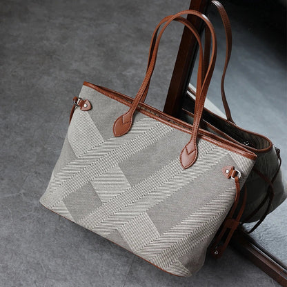 Women's Fashion Shoulder Bag Luxury Designer Handbag Large Capacity Canvas With Genuine Leather Tote For Shopping,Commuting,Work