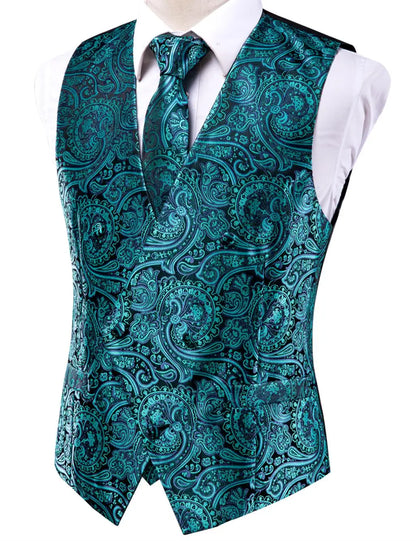 Silk Men's Vests and Tie Business Formal Dresses Slim Vest 4PC Necktie Hanky cufflinks for Suit Blue Paisley Floral Waistcoat