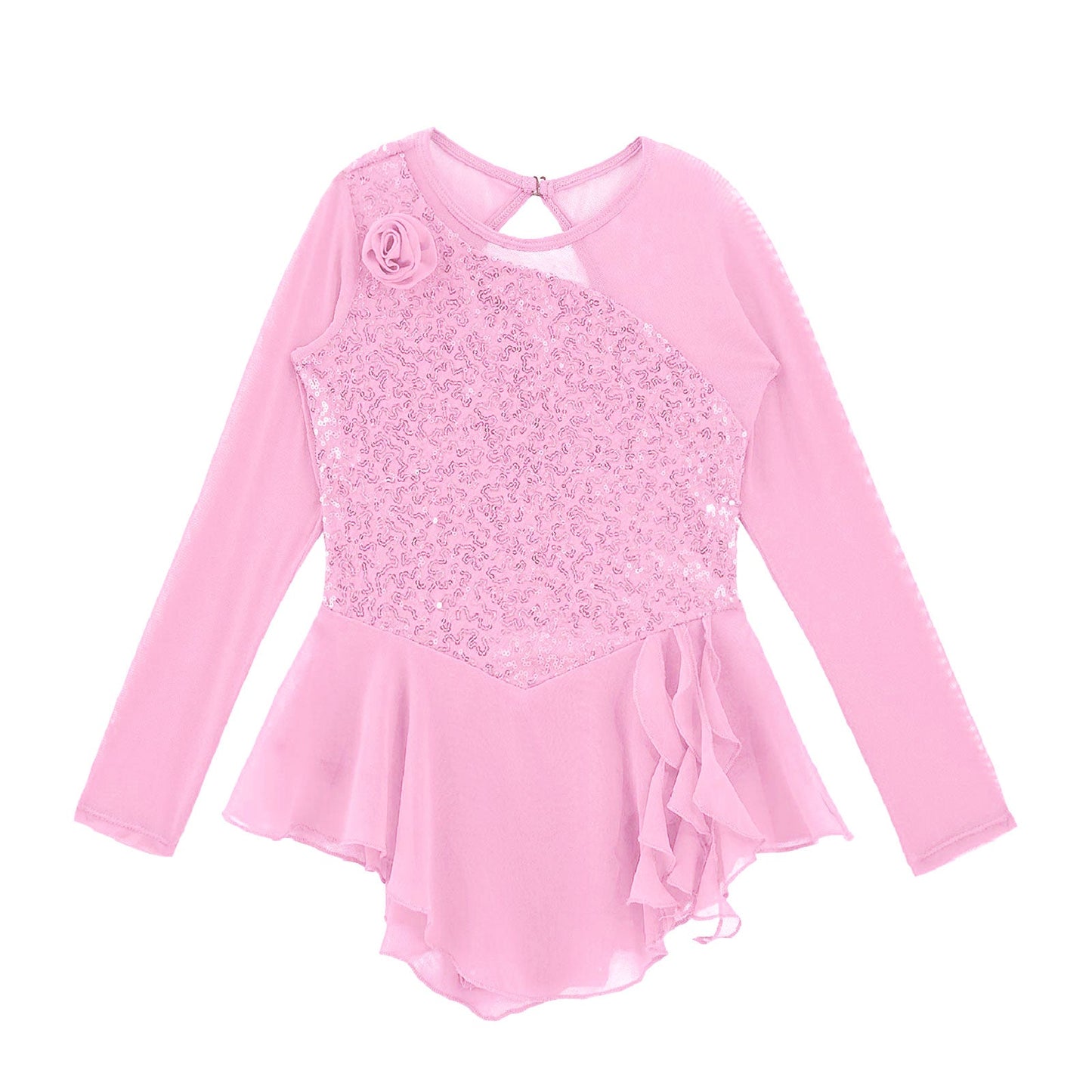 Girls Figure Ice Skating Dress Sparkly Sequin Gymnastics Dance Ballet Tutu Leotard Kids Long Sleeve Mesh Splice Dance Costume