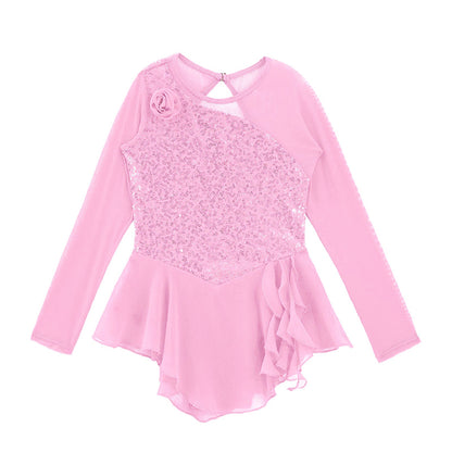 Girls Figure Ice Skating Dress Sparkly Sequin Gymnastics Dance Ballet Tutu Leotard Kids Long Sleeve Mesh Splice Dance Costume