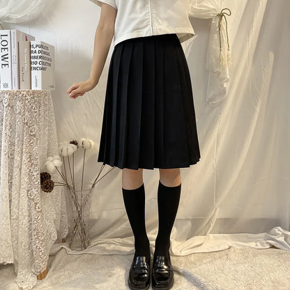 Women Skirt Elastic Waist Japanese Student Girls School Uniform Solid JK Pleated Skirt Short/Middle/Long Skirt A-Line Streetwear