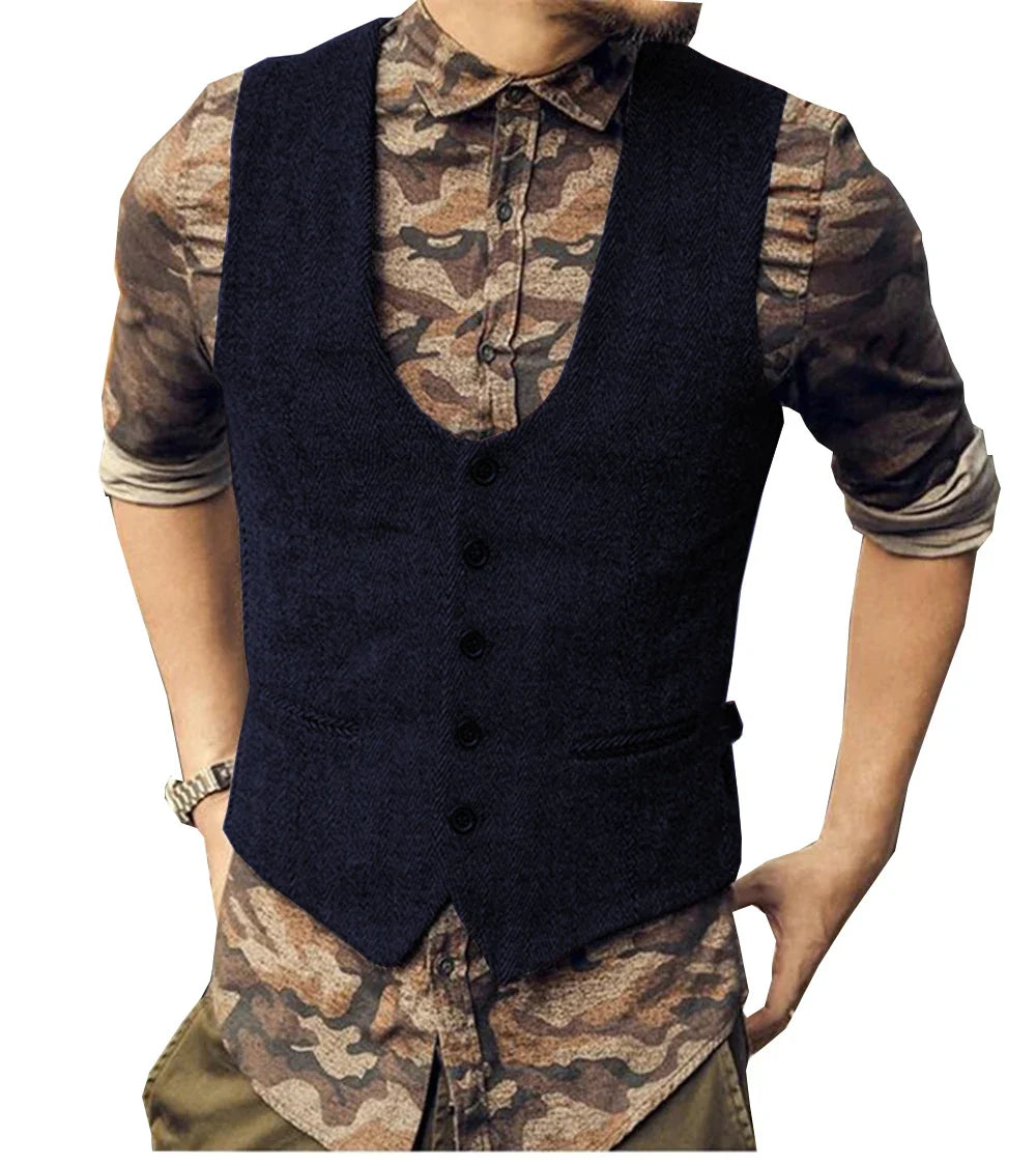 2022 Brown Men's Casual Herringbone Pattern Suit Vest Wool/Tweed Suit Vest U-neck Waistcoat Groomsmen For Wedding