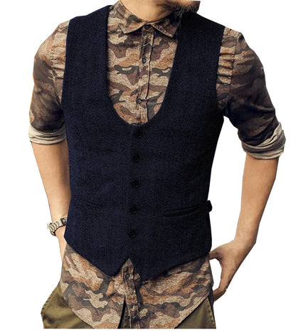 2022 Brown Men's Casual Herringbone Pattern Suit Vest Wool/Tweed Suit Vest U-neck Waistcoat Groomsmen For Wedding